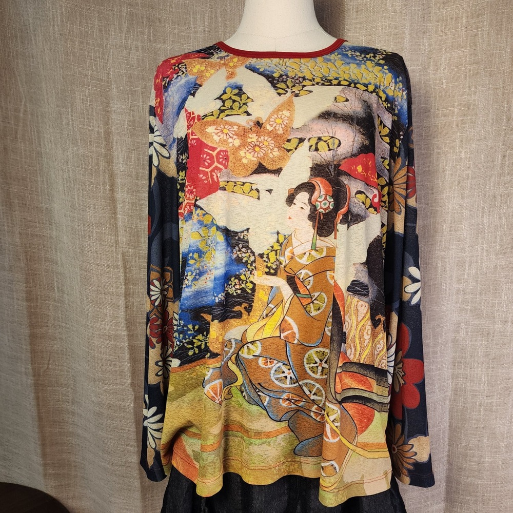 Venezia Jeans Geisha Butterfly Graphic Long Sleeve Sheer Top XL Multicolor